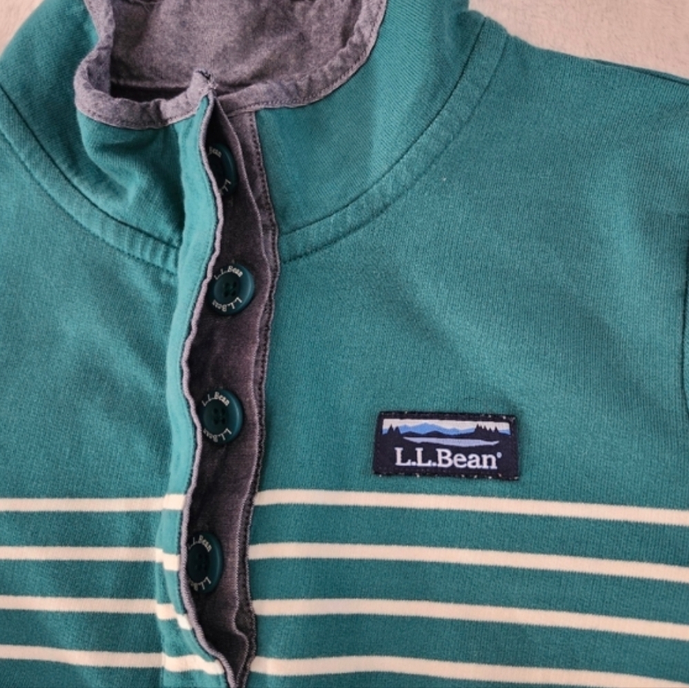 L.L. BEAN Women's Soft Cotton Rugby Henley‎ Teal Stripe White XS Reg Casual Fall